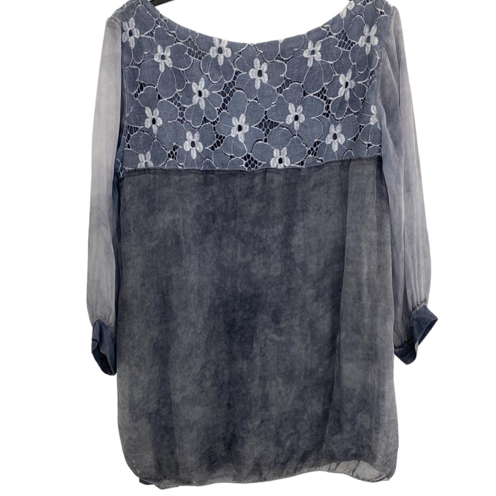 Amanti Silk Floral Embroidered Sheer 3/4 Sleeve Blouse - Picture 5 of 9